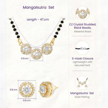 Women's brass golden toned triple round mangalsutra set with s-hook 4