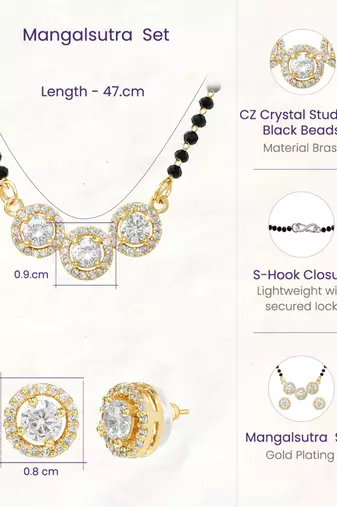 Women's brass golden toned triple round mangalsutra set with s-hook
