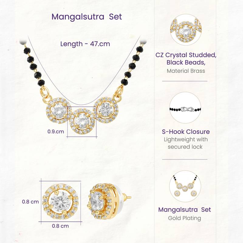 Women's brass golden toned triple round mangalsutra set with s-hook