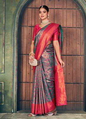 gray zari silk blend woven festive wear saree 3