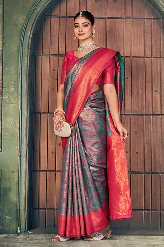 gray zari silk blend woven festive wear saree
