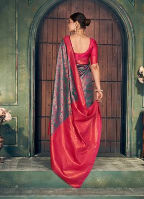 gray zari silk blend woven festive wear saree 4