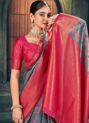 gray zari silk blend woven festive wear saree 5