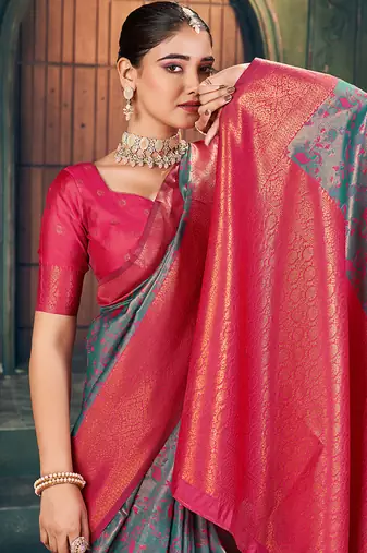 gray zari silk blend woven festive wear saree