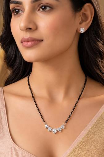Women's brass silver toned five heart mangalsutra & stud earring set