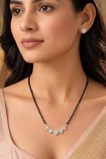 Women's brass silver toned five heart mangalsutra & stud earring set