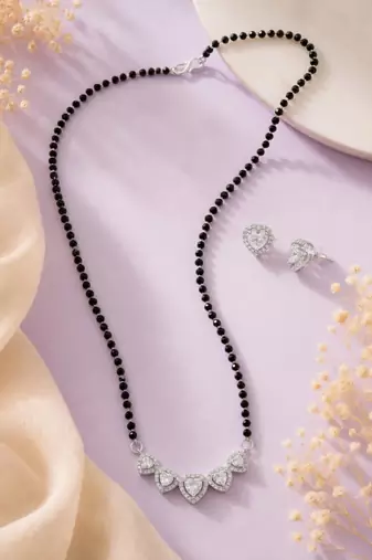 Women's brass silver toned five heart mangalsutra & stud earring set