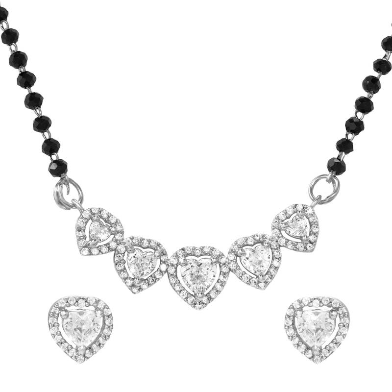 Women's brass silver toned five heart mangalsutra & stud earring set