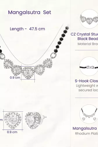 Women's brass silver toned five heart mangalsutra & stud earring set