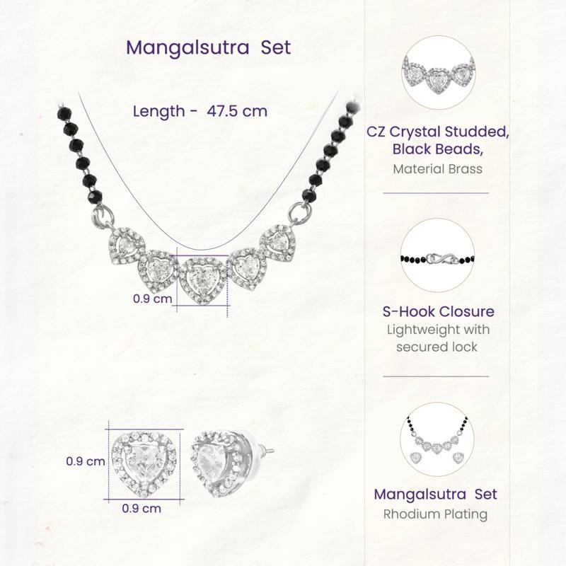 Women's brass silver toned five heart mangalsutra & stud earring set