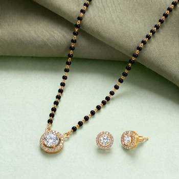 Round solitaire design black beaded mangalsutra with stud earrings 2