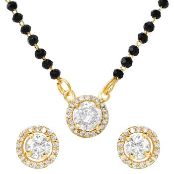 Round solitaire design black beaded mangalsutra with stud earrings 3