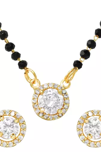 Round solitaire design black beaded mangalsutra with stud earrings