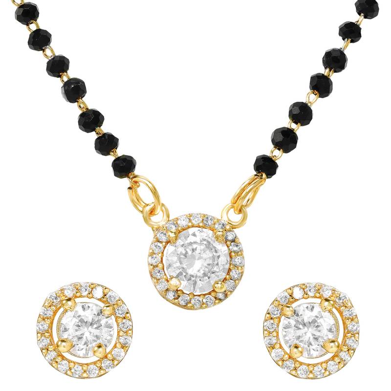 Round solitaire design black beaded mangalsutra with stud earrings