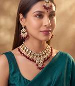 Maroon kundan ethnic necklace earrings maangtikka set for women
