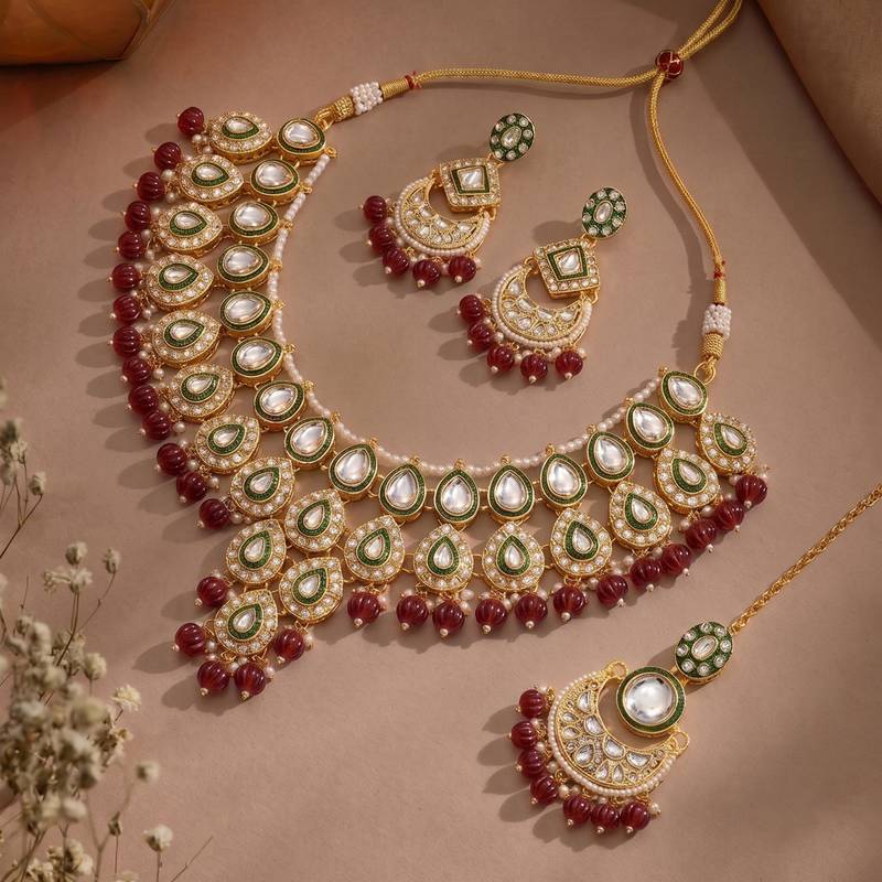 Maroon kundan ethnic necklace earrings maangtikka set for women