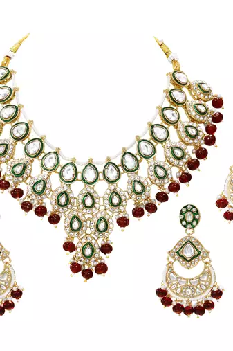 Maroon kundan ethnic necklace earrings maangtikka set for women