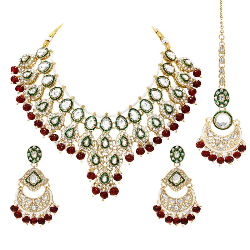 Maroon kundan ethnic necklace earrings maangtikka set for women