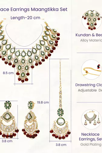 Maroon kundan ethnic necklace earrings maangtikka set for women