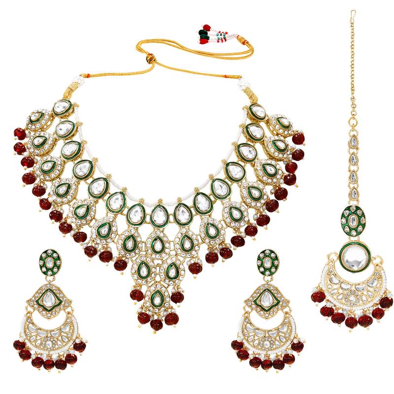 Maroon kundan ethnic necklace earrings maangtikka set for women