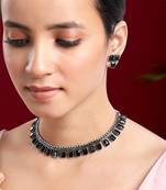 Women's silver toned black synthetic stone studded choker necklace stud