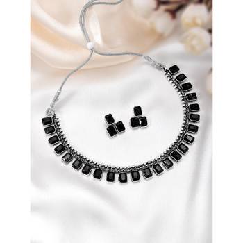 Women's silver toned black synthetic stone studded choker necklace stud 2
