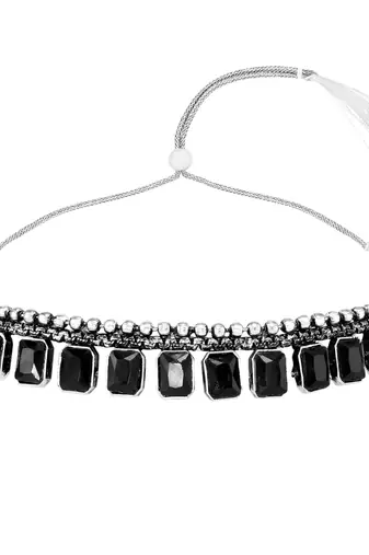 Women's silver toned black synthetic stone studded choker necklace stud
