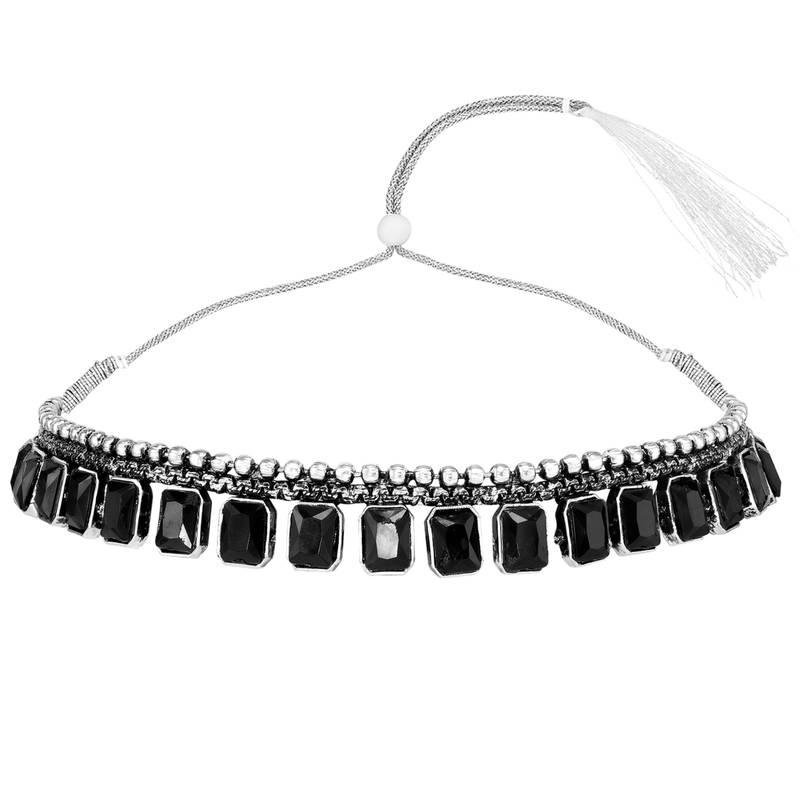 Women's silver toned black synthetic stone studded choker necklace stud