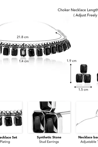 Women's silver toned black synthetic stone studded choker necklace stud