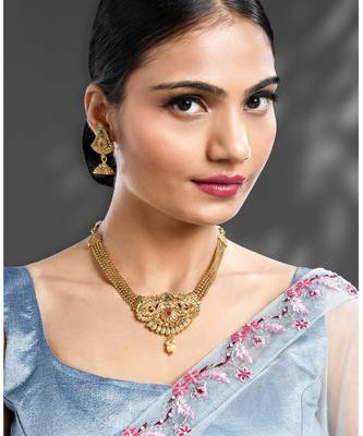 Women's rani pink green synthetic stone & pearl studded necklace & jhumki 1