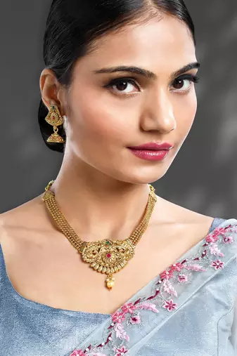 Women's rani pink green synthetic stone & pearl studded necklace & jhumki