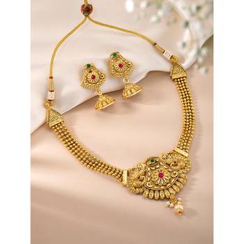Women's rani pink green synthetic stone & pearl studded necklace & jhumki 2