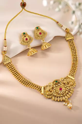 Women's rani pink green synthetic stone & pearl studded necklace & jhumki