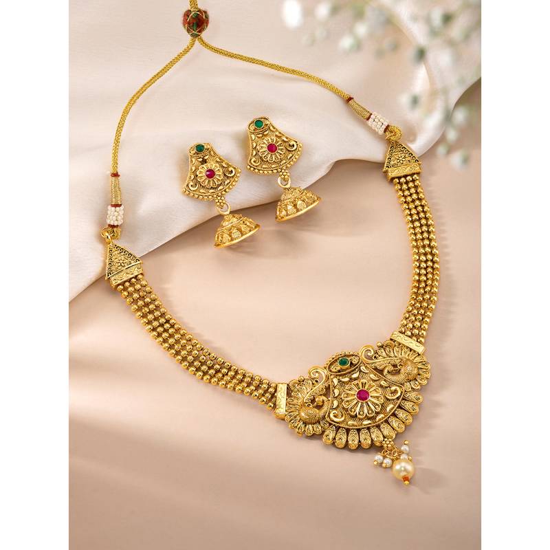 Women's rani pink green synthetic stone & pearl studded necklace & jhumki