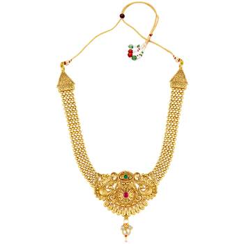 Women's rani pink green synthetic stone & pearl studded necklace & jhumki 3