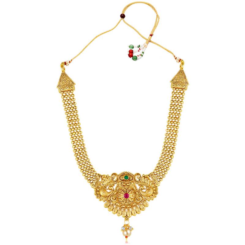 Women's rani pink green synthetic stone & pearl studded necklace & jhumki