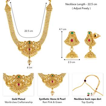 Women's rani pink green synthetic stone & pearl studded necklace & jhumki 4