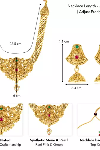 Women's rani pink green synthetic stone & pearl studded necklace & jhumki