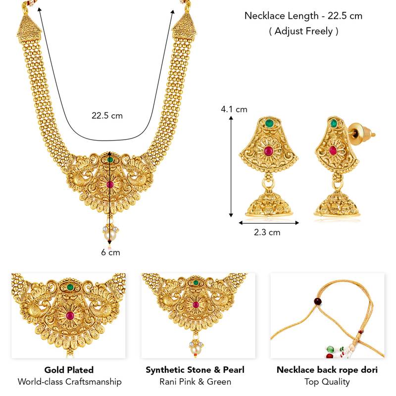 Women's rani pink green synthetic stone & pearl studded necklace & jhumki