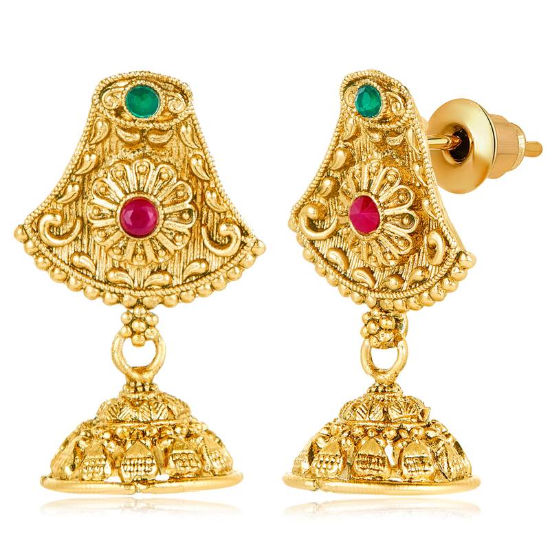 Women's rani pink green synthetic stone & pearl studded necklace & jhumki