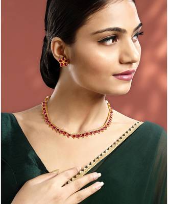Women's rani pink synthetic stone studded necklace earrings bharatanatyam 1