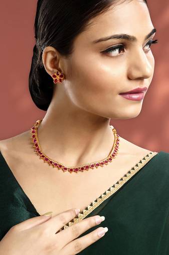 Women's rani pink synthetic stone studded necklace earrings bharatanatyam