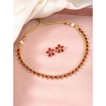Women's rani pink synthetic stone studded necklace earrings bharatanatyam 2
