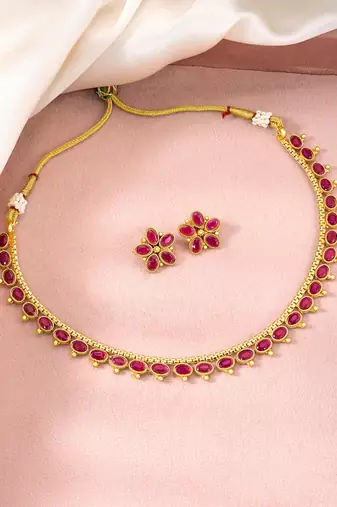 Women's rani pink synthetic stone studded necklace earrings bharatanatyam