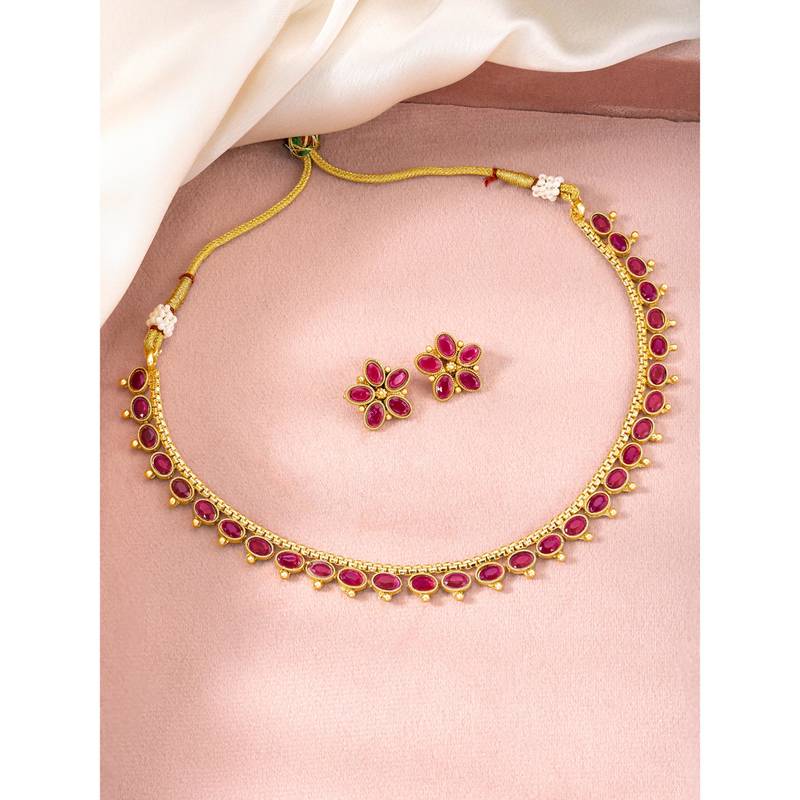 Women's rani pink synthetic stone studded necklace earrings bharatanatyam