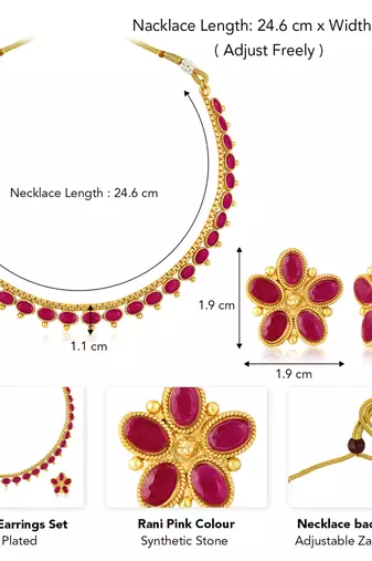 Women's rani pink synthetic stone studded necklace earrings bharatanatyam