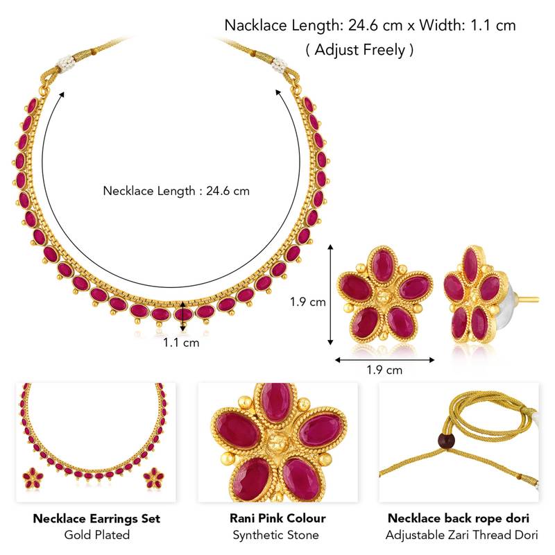 Women's rani pink synthetic stone studded necklace earrings bharatanatyam