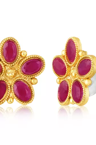 Women's rani pink synthetic stone studded necklace earrings bharatanatyam
