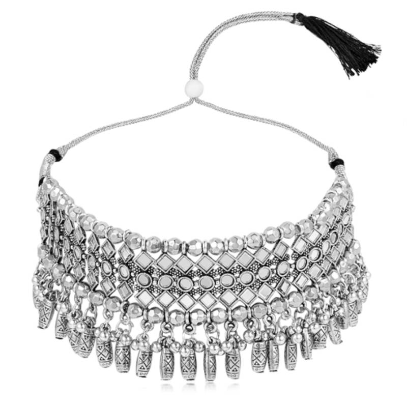Women's synthetic stone studded choker necklace dangle earrings & maangtikka