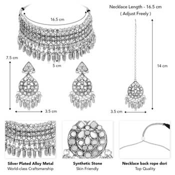 Women's synthetic stone studded choker necklace dangle earrings & maangtikka 4